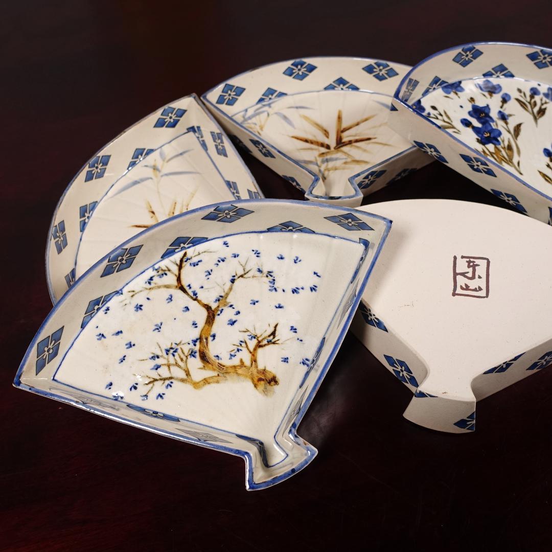 京焼 名工 宮永東山 色絵 図替 扇面 向付 5客