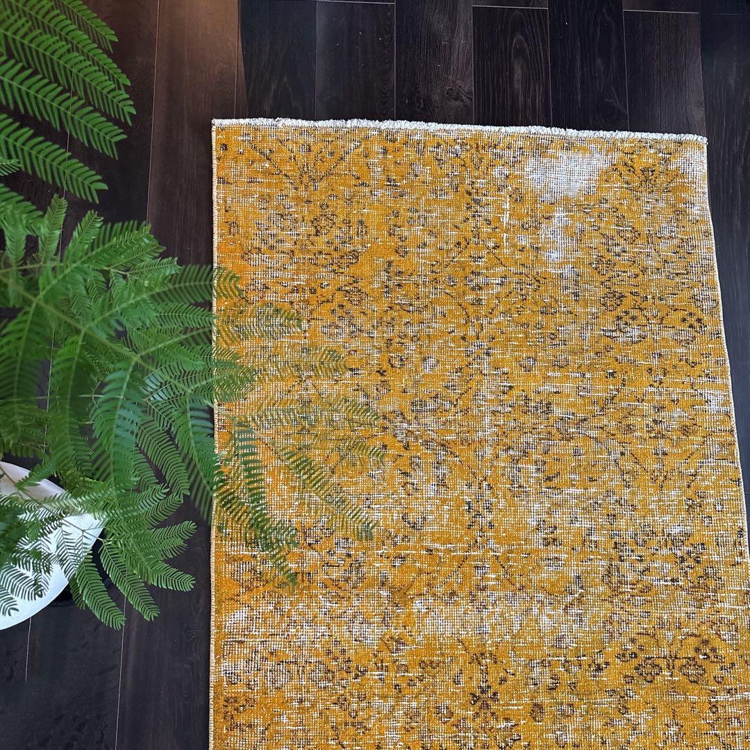 トルコ　オーバーダイ　ヴィンテージラグ　イエロー　シャビー