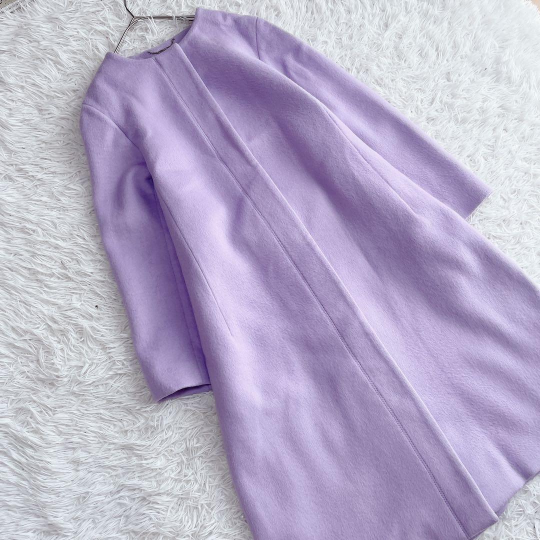 美品 セルフォード バックタック カシミヤ混ノーカラーコート ロング