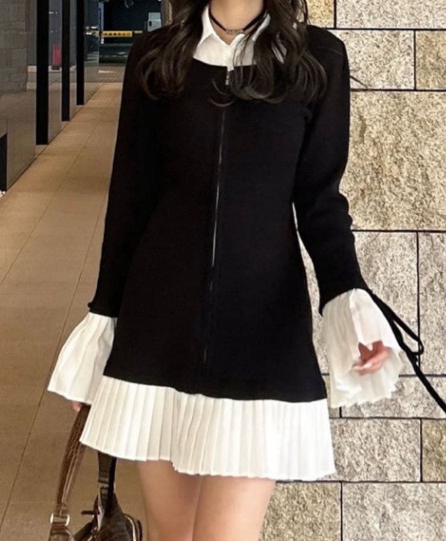 rienda レイヤードパターンシャツニットミニワンピース 秋服 冬服