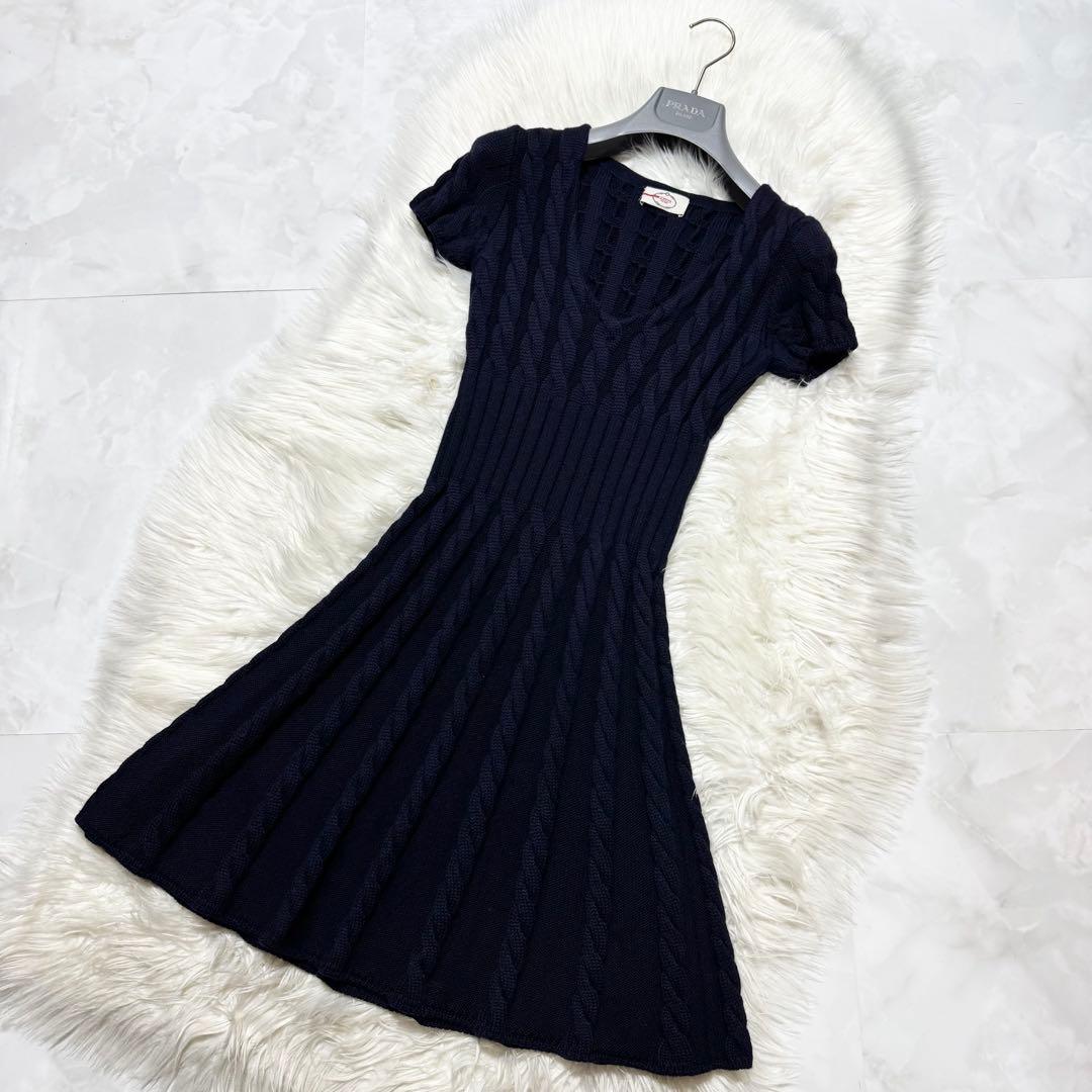 美品 プラダ ケーブルニット ワンピース ドレス 36 PRADA ネイビー