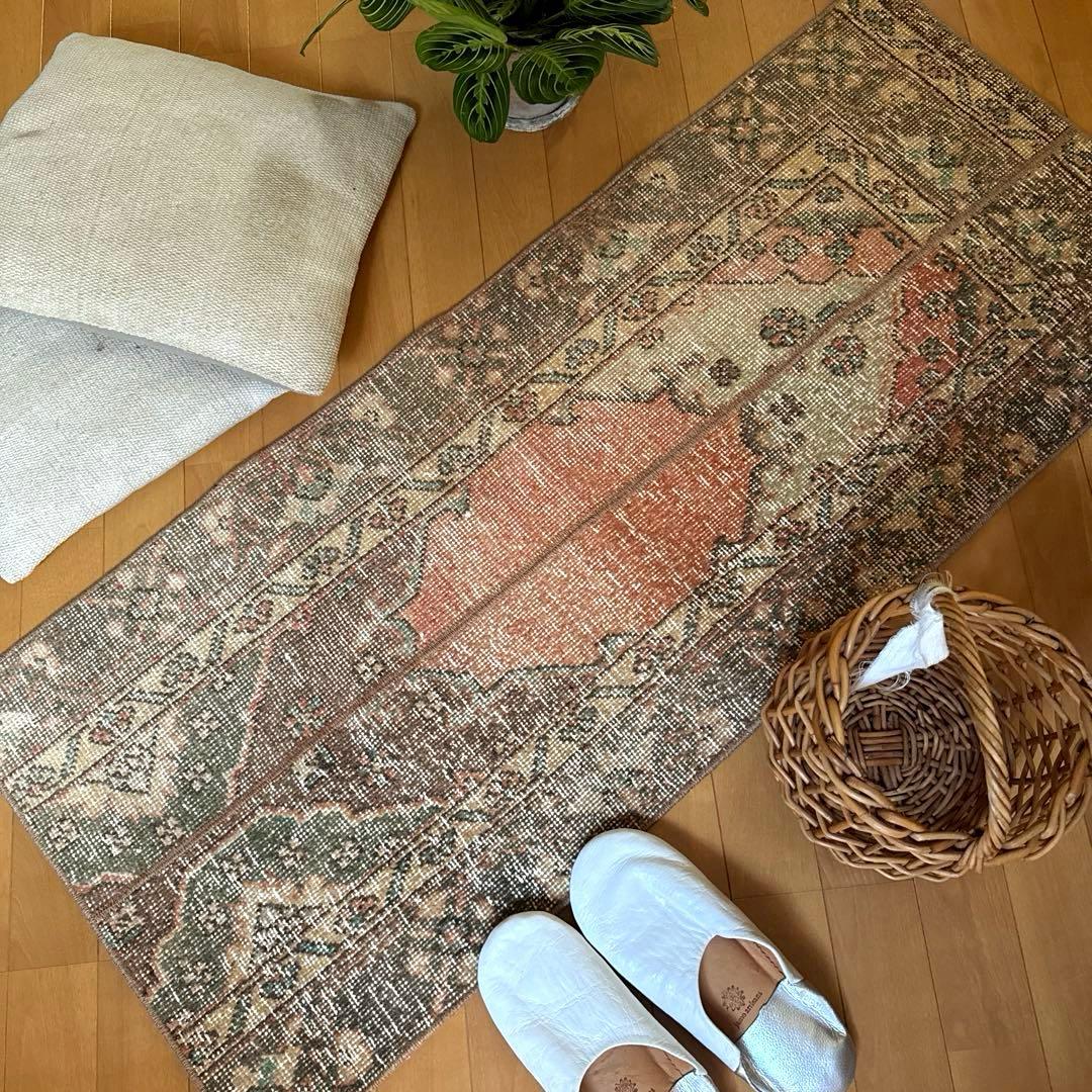 50×119パッチワーク　淡いサーモン×グレージュ　トルコヴィンテージラグ