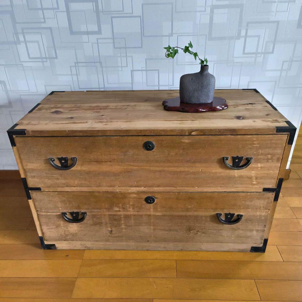 古家具　木製チェスト　ローチェスト　テレビ台　押入れタンス　引出し2段