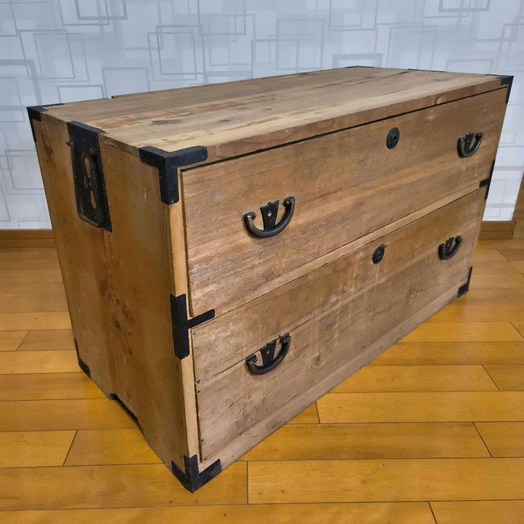 古家具　木製チェスト　ローチェスト　テレビ台　押入れタンス　引出し2段