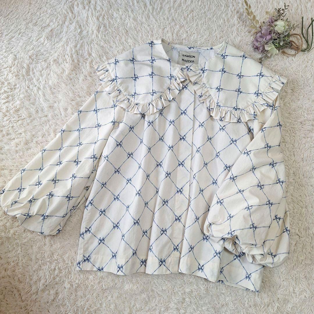 ダムソンマダー　ビッグカラーブラウス　ボリュームスリーブ　XL 相当　リボン柄