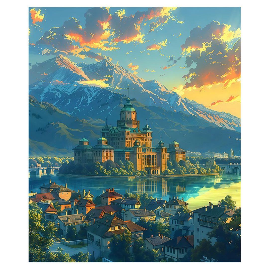 アニメ風風景画 - 幻想的な城と湖