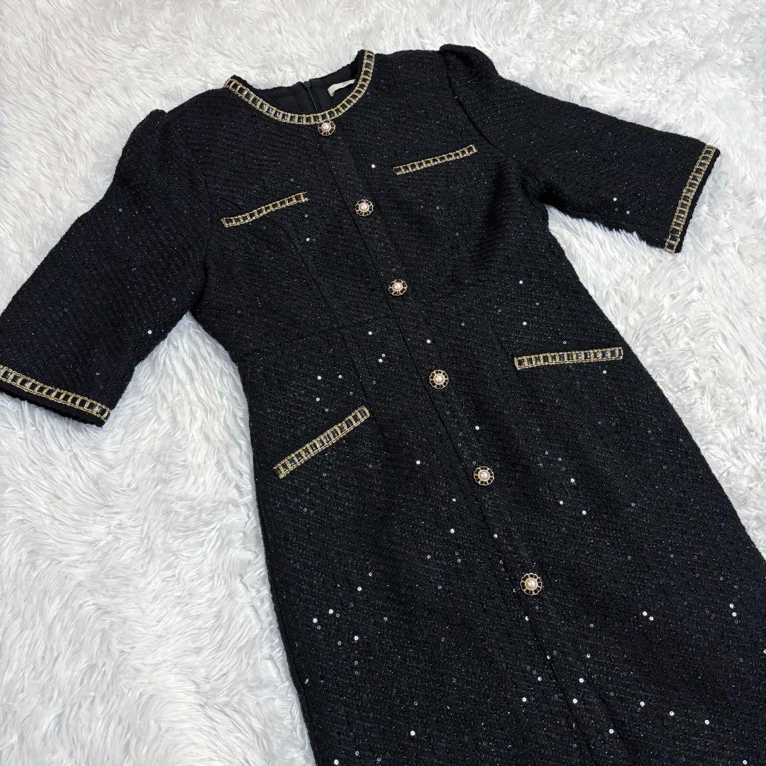 美品　Leja ラメ混ツイードレザーパイピングマーメイドロング丈ドレス