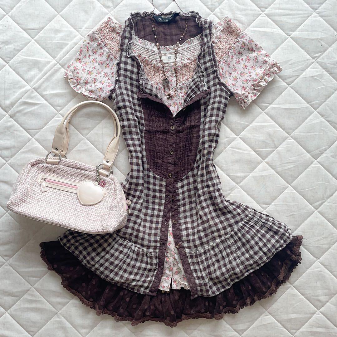 きょ シワ加工 ブロックチェック柄 ブラウンチュニックcoquette