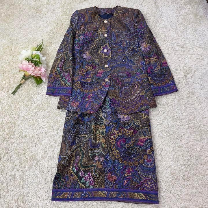 レオナール 大きいサイズ 金ボタン ペイズリー シルク混ノーカラー スーツ XL