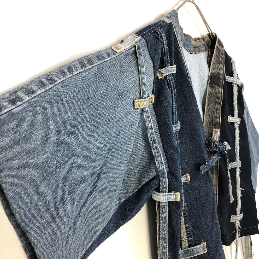 2868 デニム　リメイク　再構築　ジャケット　ロゴ　切替　パッチワーク L