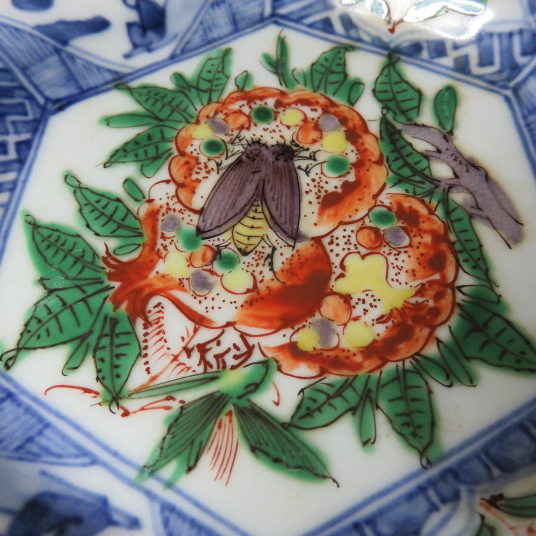 六角皿 2枚 色絵付 ザクロ セミ 染付 変形皿 蔵出し初荷 極美品 その2