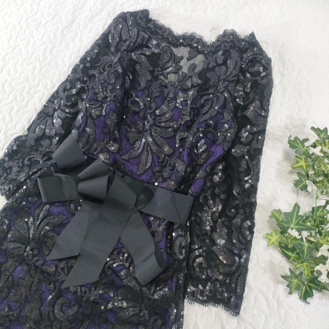 美品✨タダシショージ　レース×スパンコール　ワンピースドレス　ベルト　黒×紫