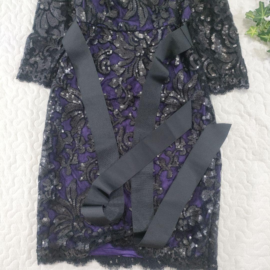 美品✨タダシショージ　レース×スパンコール　ワンピースドレス　ベルト　黒×紫