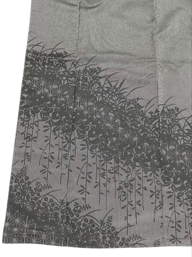 本塩沢 付下げ 訪問着 正絹 縦縞 草花 萩 イ6254