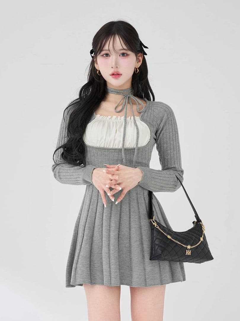 ダーリッチ ネックリボンデザインフレアニットミニワンピース GRY 《F》