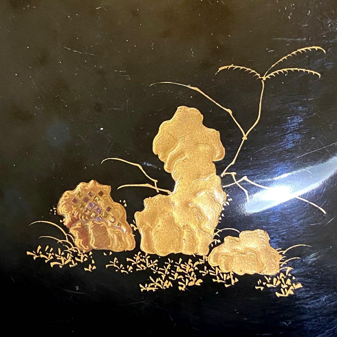 明治骨董旧家蔵出し　豪華黒塗り吸物椀　松鶴金蒔絵　明治参十参年購入　木製漆器二客