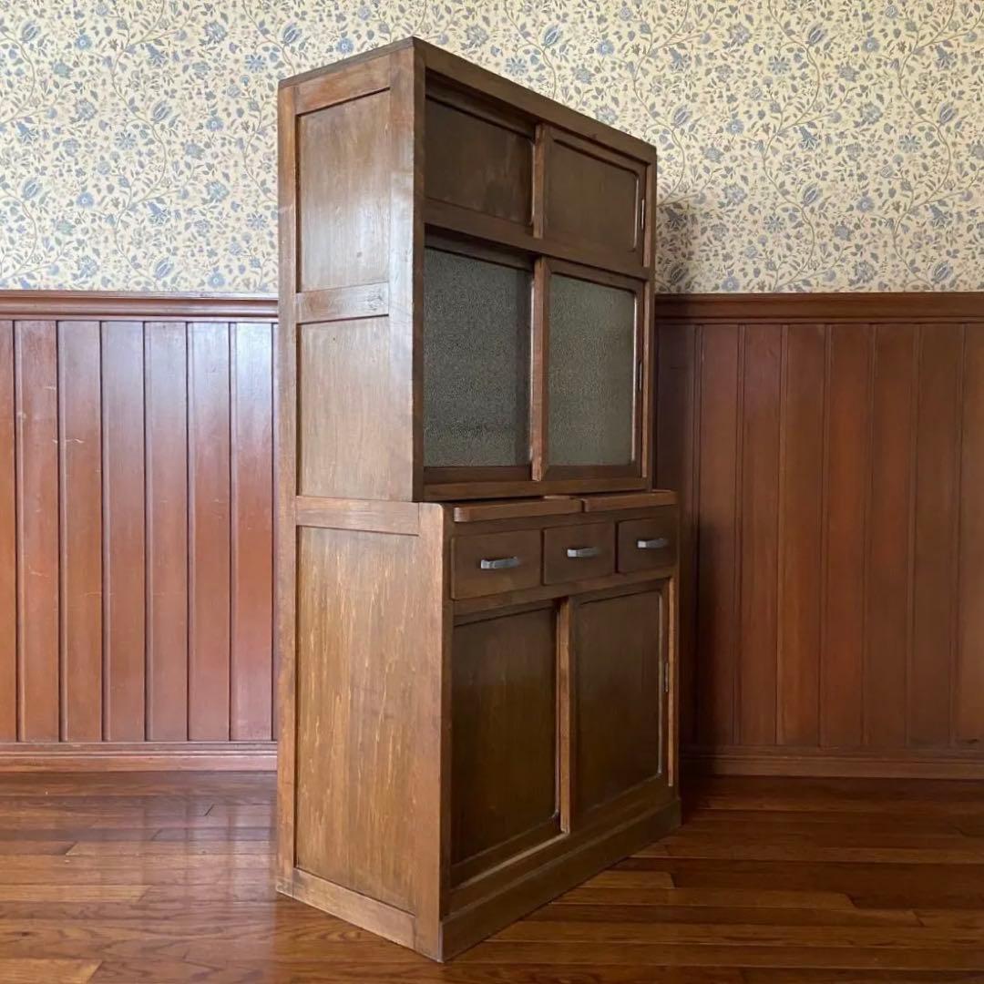 アンティーク　食器棚　置き台付き　希少な棚　ダイヤガラス　戸棚　昭和レトロ