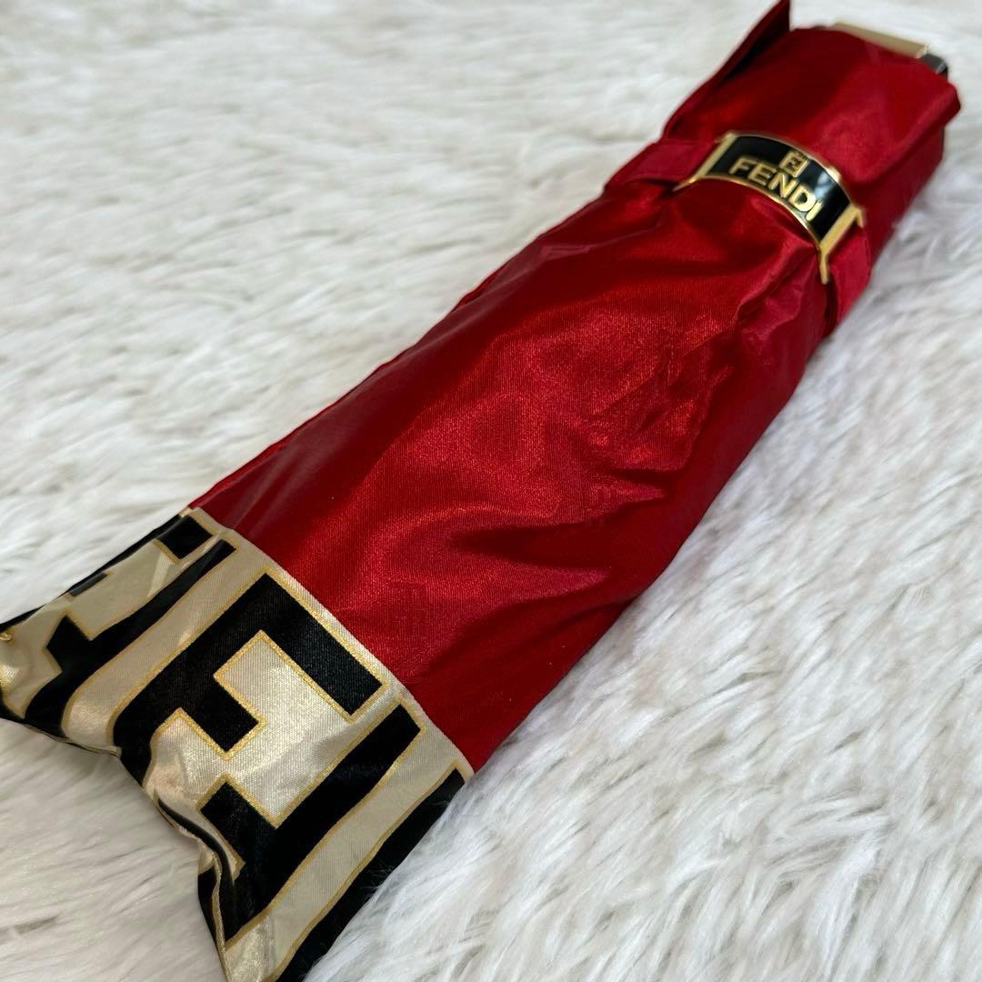 良品✨ フェンディ 折り畳み傘 ズッカ柄 赤 金 手動開閉 傘袋付き