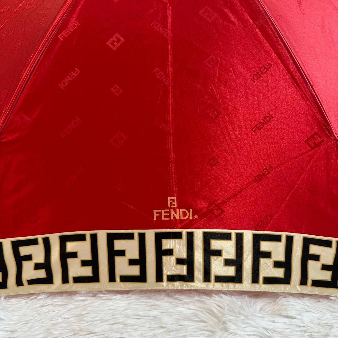 良品✨ フェンディ 折り畳み傘 ズッカ柄 赤 金 手動開閉 傘袋付き