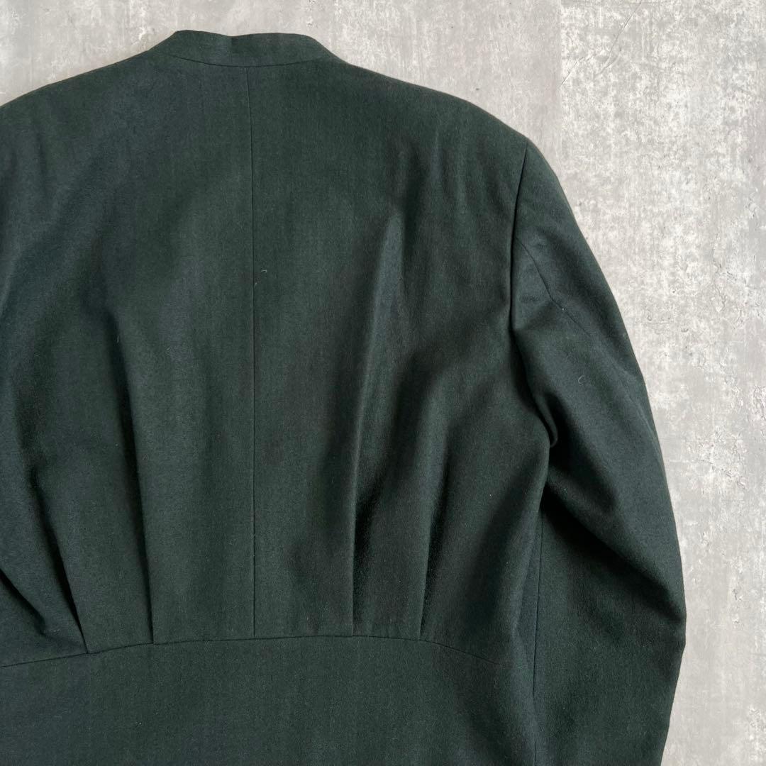 イッセイミヤケメン　80s　筆タグ　ウール　ノーカラージャケット　グリーン　M