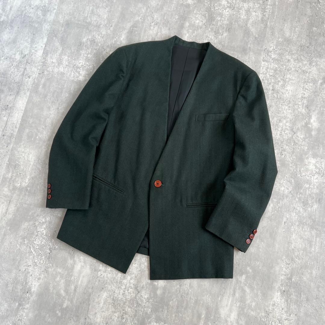 イッセイミヤケメン　80s　筆タグ　ウール　ノーカラージャケット　グリーン　M