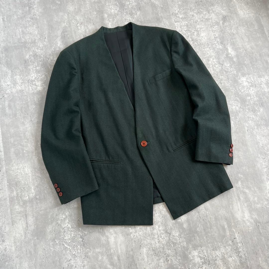 イッセイミヤケメン　80s　筆タグ　ウール　ノーカラージャケット　グリーン　M