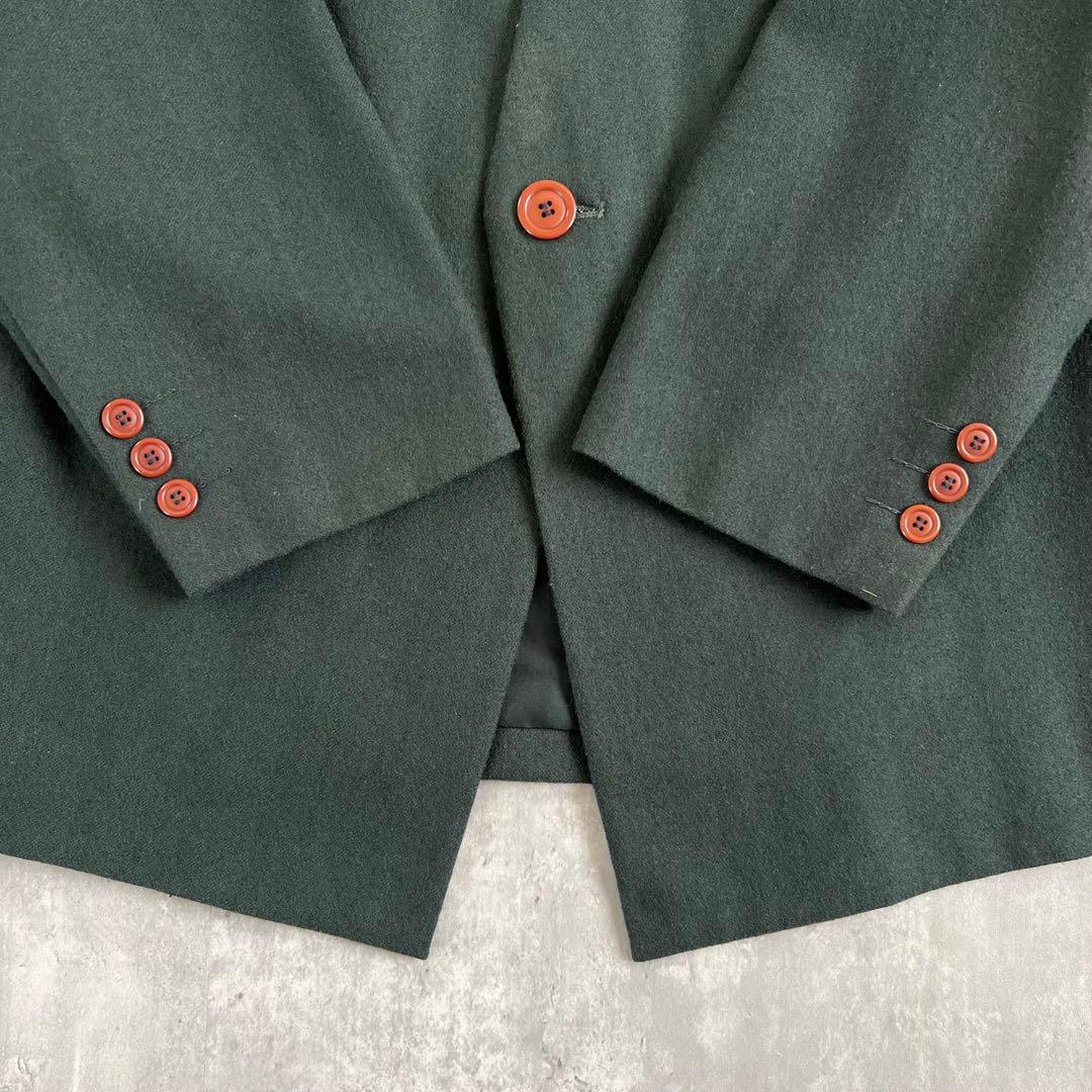 イッセイミヤケメン　80s　筆タグ　ウール　ノーカラージャケット　グリーン　M