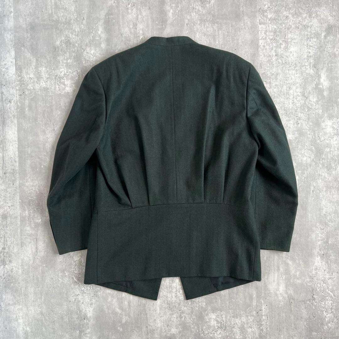 イッセイミヤケメン　80s　筆タグ　ウール　ノーカラージャケット　グリーン　M