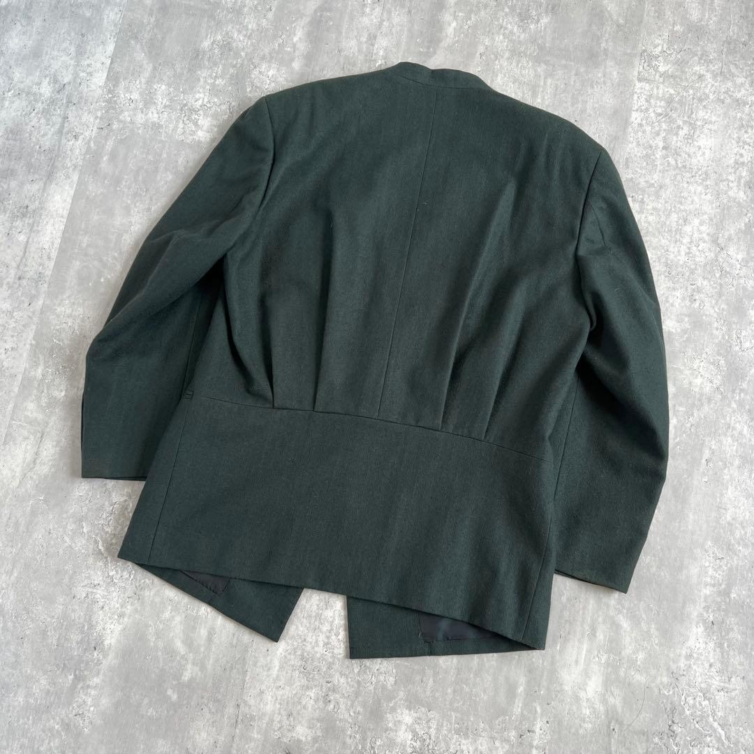 イッセイミヤケメン　80s　筆タグ　ウール　ノーカラージャケット　グリーン　M