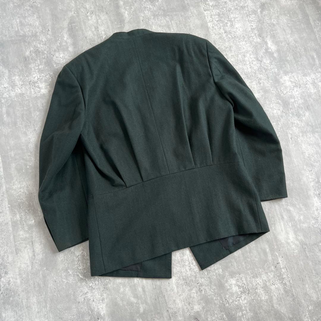 イッセイミヤケメン　80s　筆タグ　ウール　ノーカラージャケット　グリーン　M