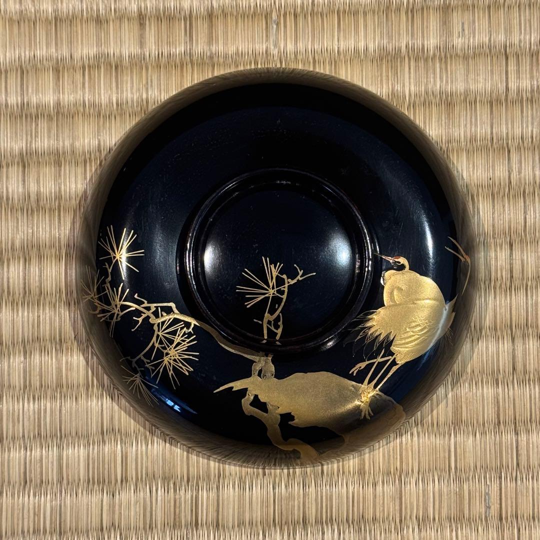 はなさん　輪島塗 松鶴図金蒔絵 黒漆 吸物椀 3客