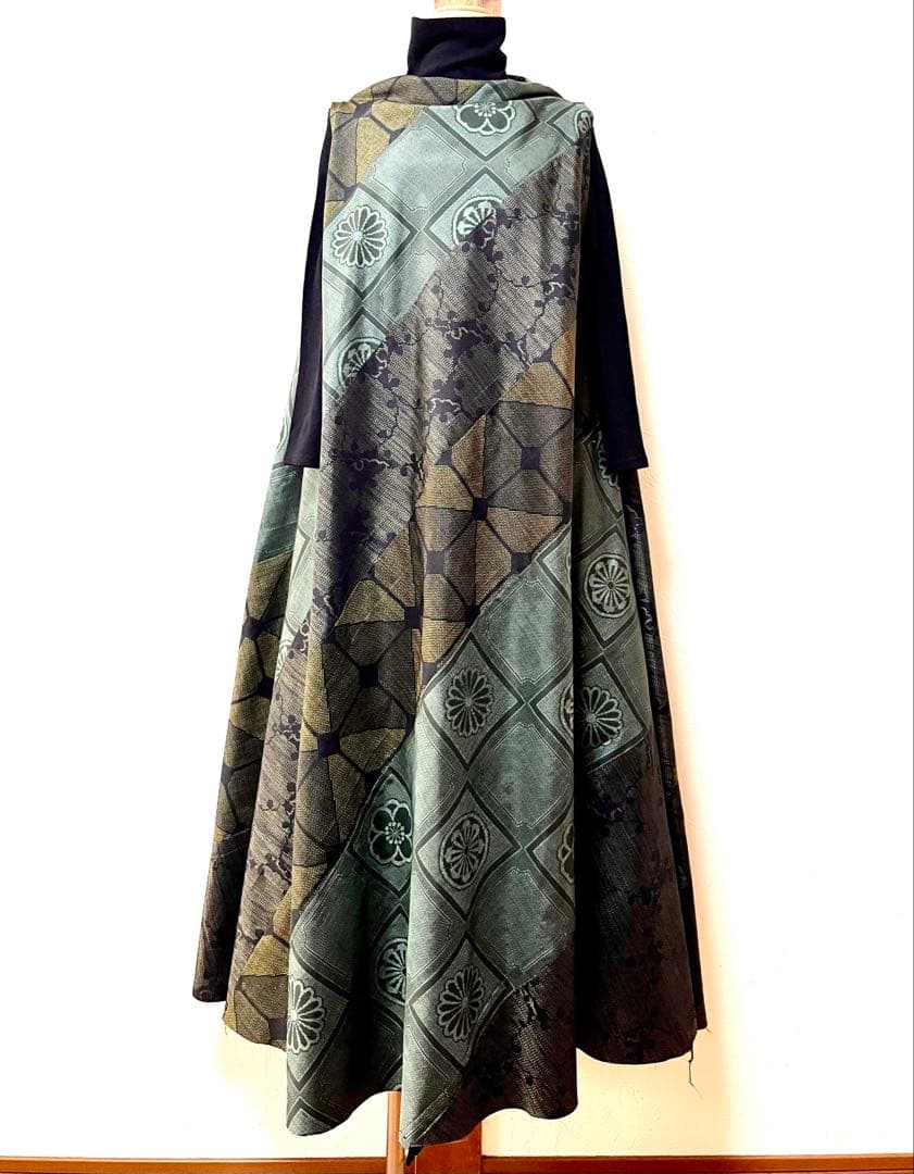 大島紬のパッチワークワンピース　着物リメイク