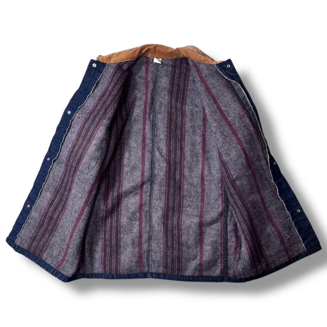 70s デニム カバーオール 裏地ブランケット コーデュロイ襟 アメカジ 古着