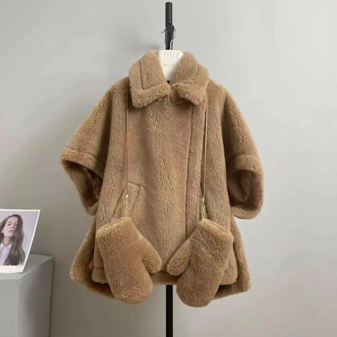 新品未使用 ベアポンチョ　アルパカ素材 ライトブラウン テディベア ケープ