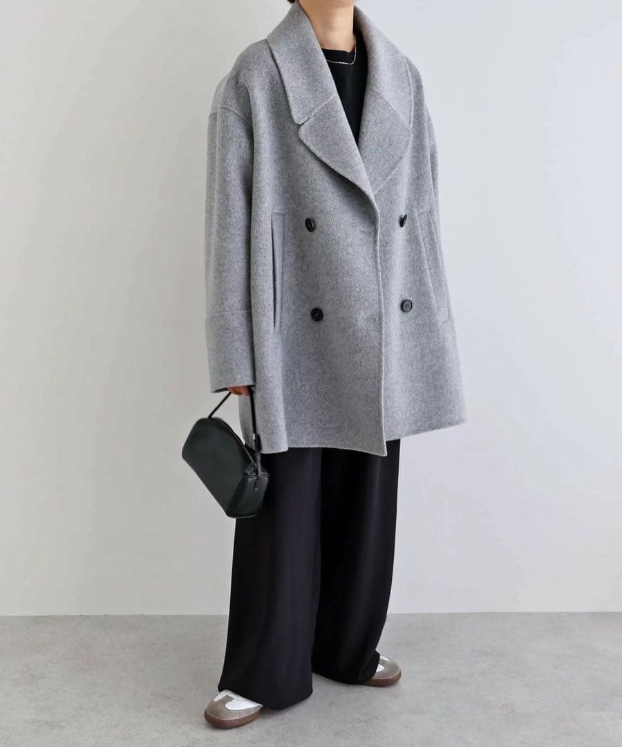 【美品✨️】エバーネイビー ウールリバーピーコート ライトグレー　アンドミー