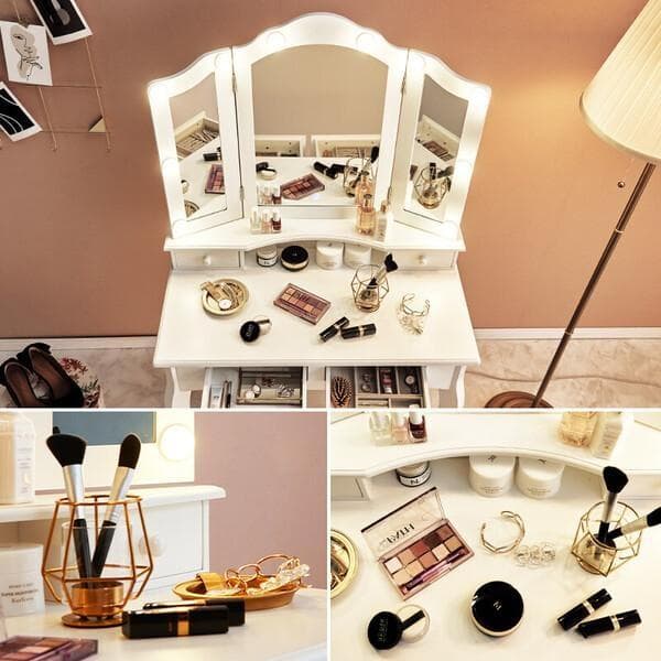 送料無料姫系女優ミラーLEDライト【3面鏡】おしゃれドレッサー＆スツールセット