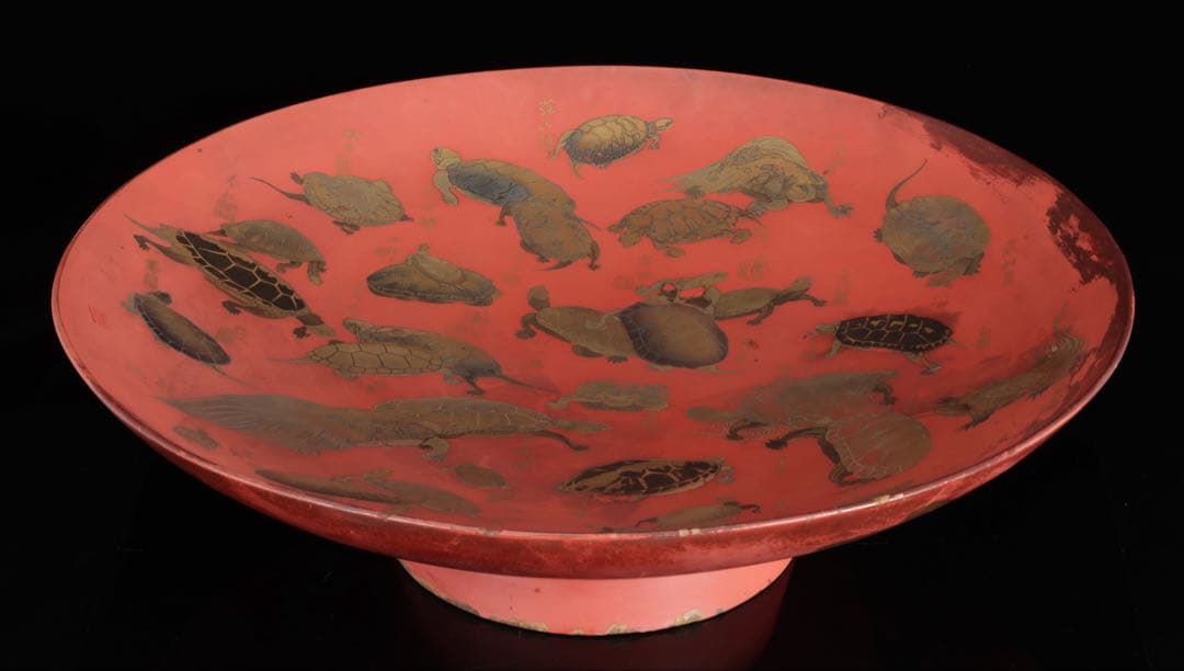 買*き様 特大62cm 朱漆蒔絵 亀尽図大盃 大杯 飾皿 縁起物 長寿 吉祥 骨