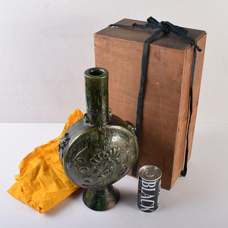 beach　刻花文　扁壷　花瓶　高さ約34cm　時代箱　V　R8628H