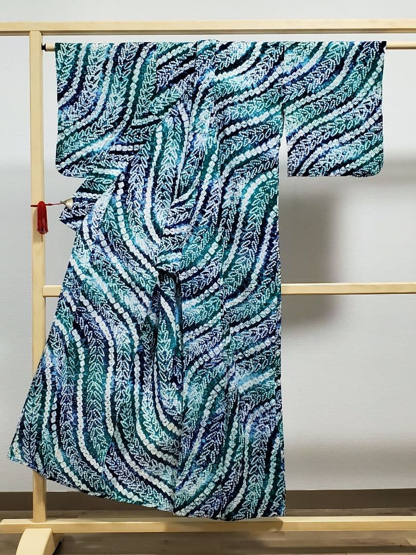 A9 有松鳴海絞り 流れ模様 藍染 エメラルドグリーン 綿 浴衣 着物 K2