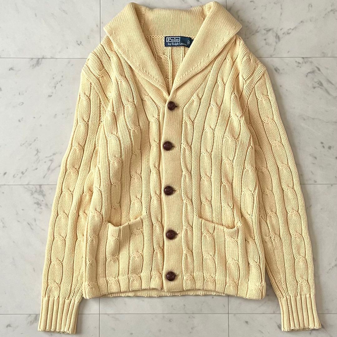 美品＊ポロバイラルフローレン コットンカシミヤケーブル編みカーディガン イエロー