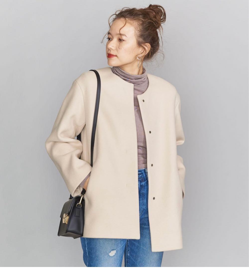 BEAUTY&YOUTH ビーバーノーカラーショートコート ナチュラル