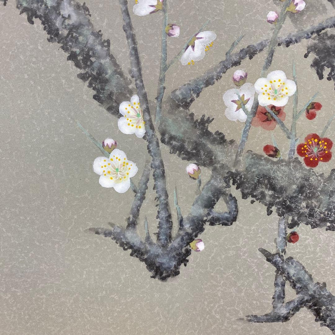 美品 掛け軸 柳沢寿江作 紅白梅図 共箱 太巻き 縁起物