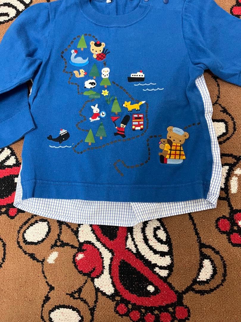 ファミリア　青い長袖Tシャツ 動物刺繍 90cm