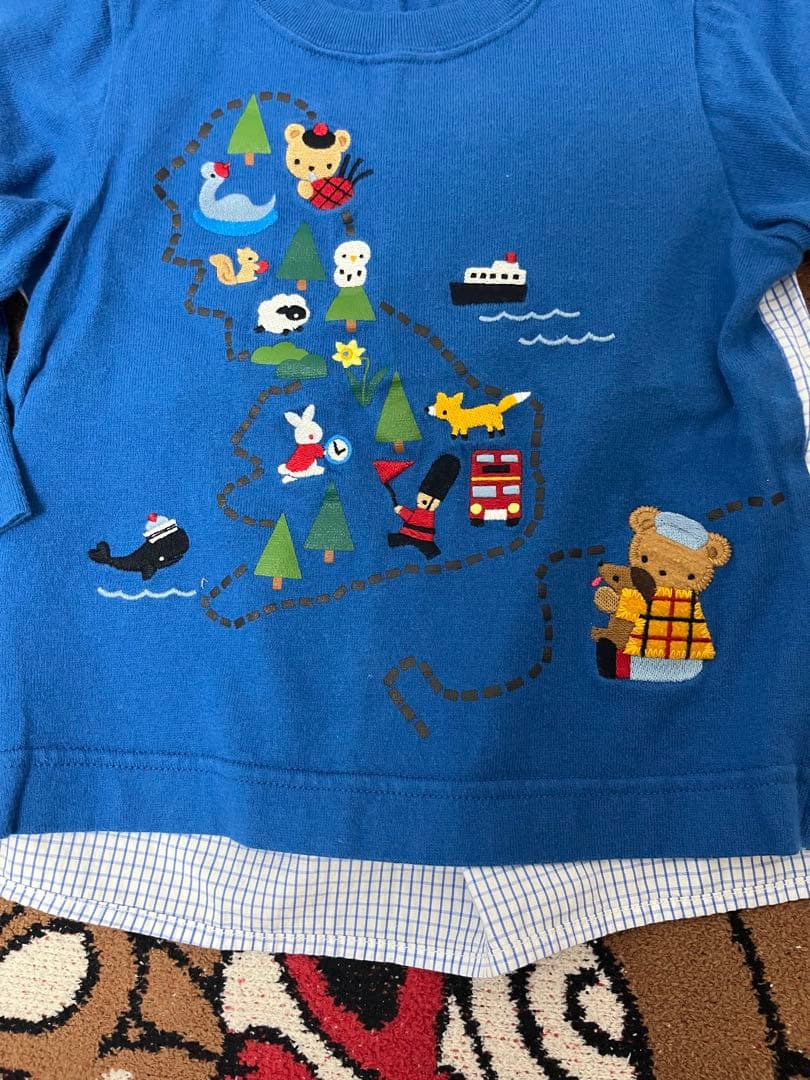 ファミリア　青い長袖Tシャツ 動物刺繍 90cm