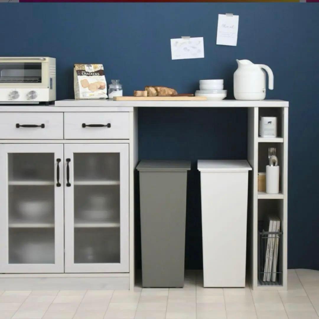 【める】耐震 食器棚 ロータイプ スリム ホワイト カウンター 収納