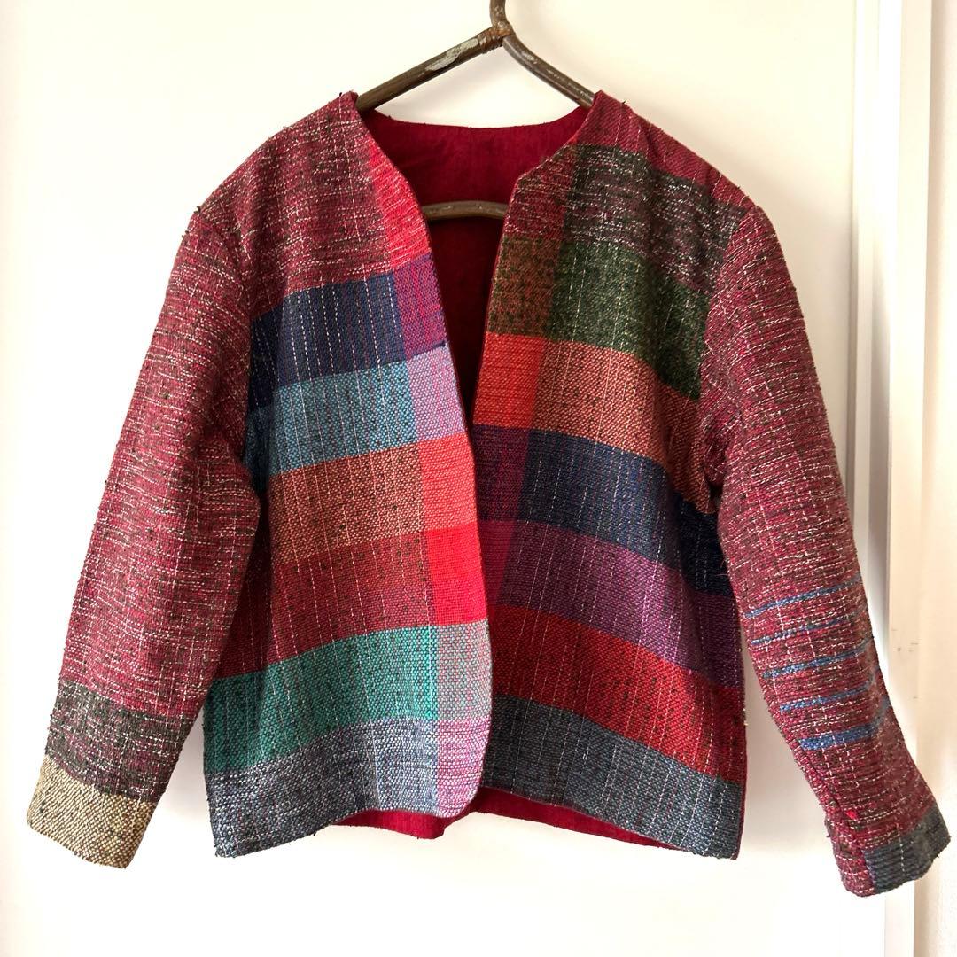 一点物　ハンドメイド　リバーシブル　久留米絣　手織り　ノーカラージャケット