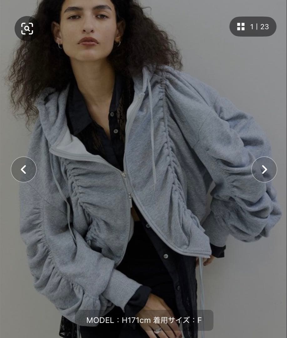 トップス VOLUME GATHERED ZIP UP HOODIE