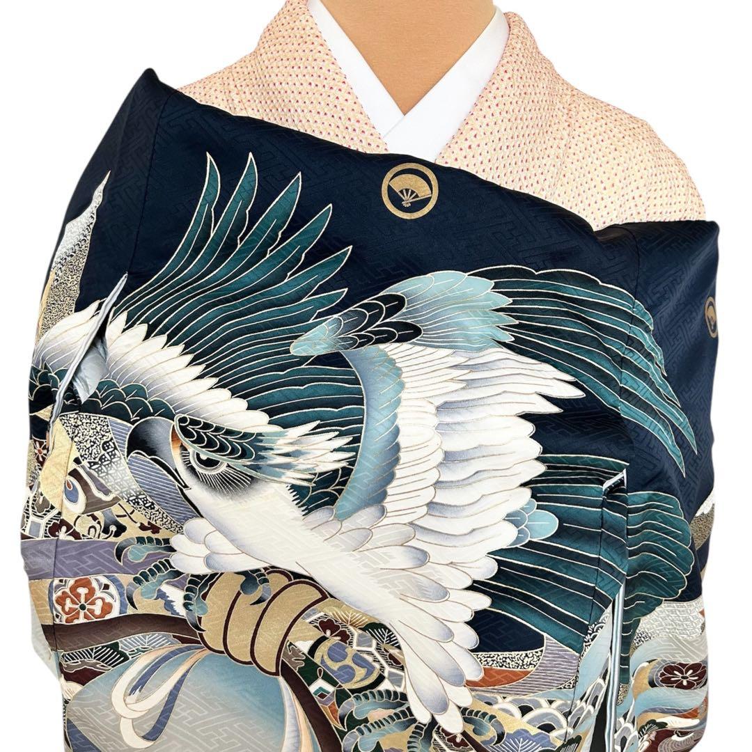 着物　お宮参り　産着　祝着　紺　鷹　吉祥柄　五つ紋　男の子　襦袢付き