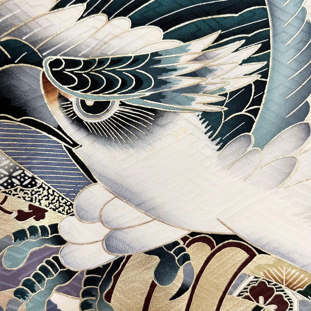 着物　お宮参り　産着　祝着　紺　鷹　吉祥柄　五つ紋　男の子　襦袢付き