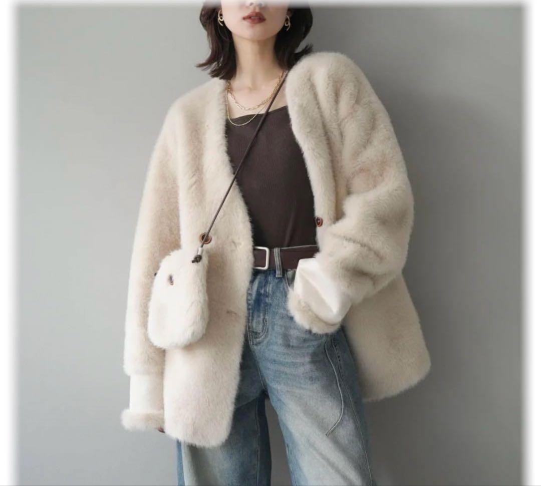 エコファーノーカラーコート/ベージュ　lumier同型